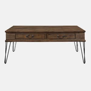 43.5 in. Rustic Oak and Black Finish Rectangle Solid Wood Coffee Table with 2-Drawers