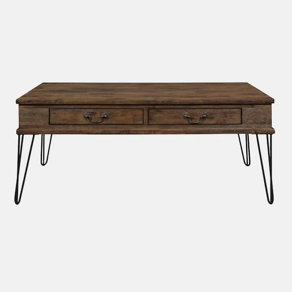 wetiny 43.5 in. Rustic Oak and Black Finish Rectangle Solid Wood Coffee Table with 2-Drawers