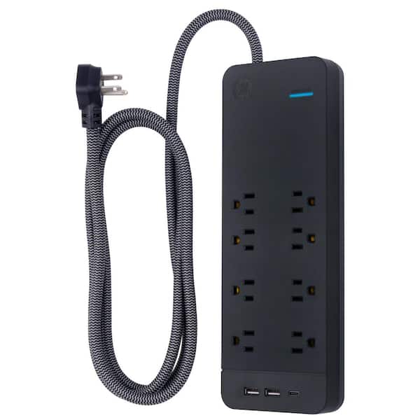 GE 8-Outlet 2 USB-A 1 USB-C Surge Protector with 6 ft. Braided Cord, Black