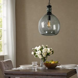 17 in. H and 11 in. W 1-Light Black Wavy Hammered Hand Blown Glass Pendant with Blue Glass Shade