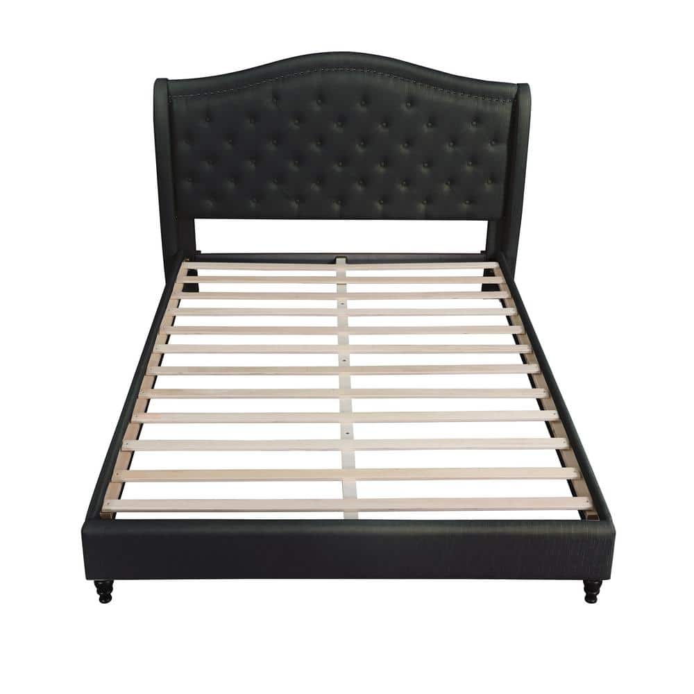 Luxurious Pine Queen Platform Bed with Tufted Upholstery and Nailhead Trim
