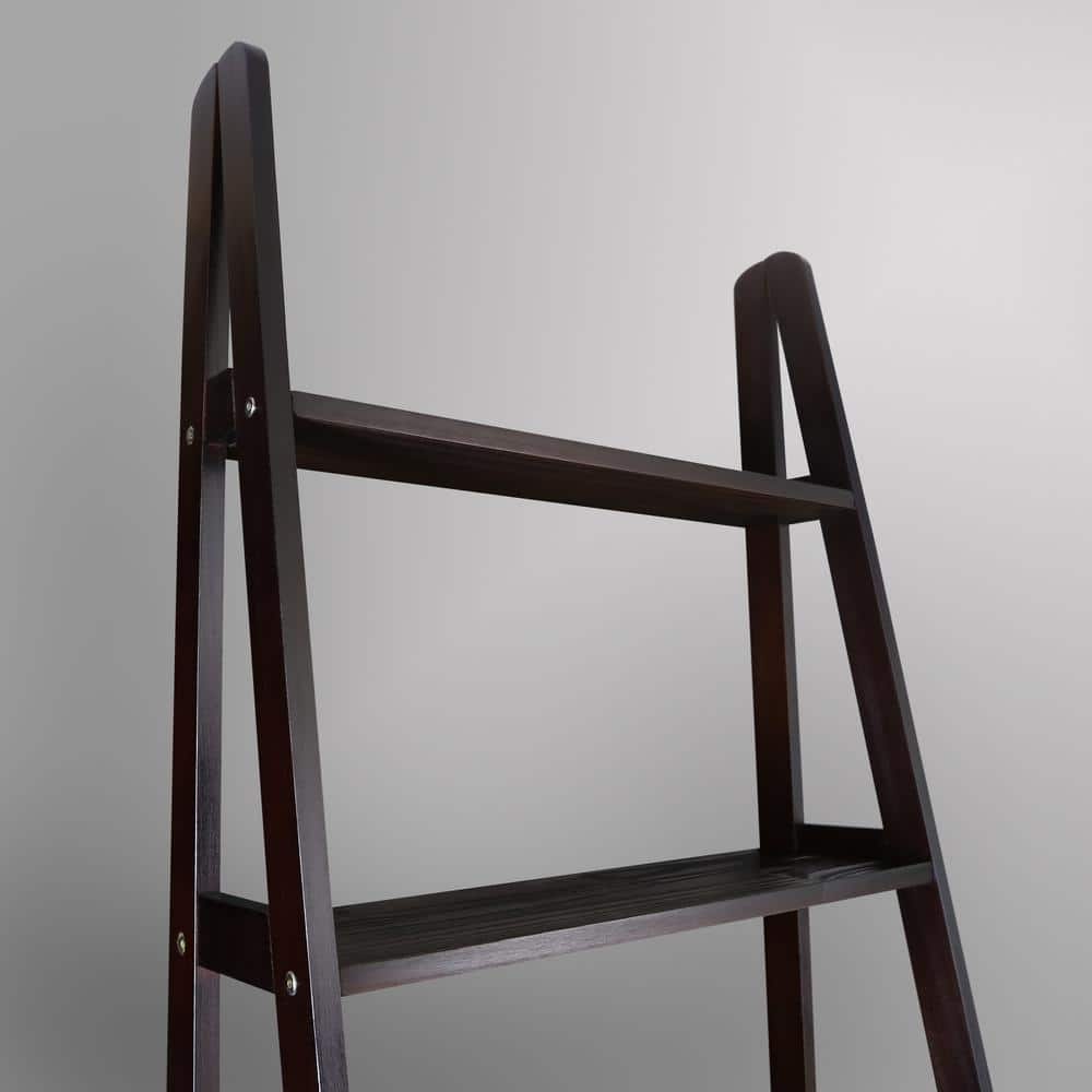 Espresso Solid Wood Adjustable 5-Shelf Ladder Bookcase