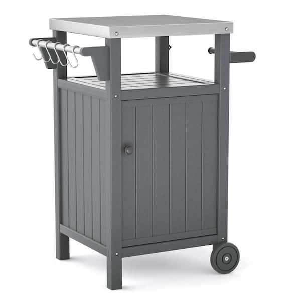 Unbranded Gray Outdoor Grill Carts with Storage Cabinet Wheels, Hooks and Side Shelf