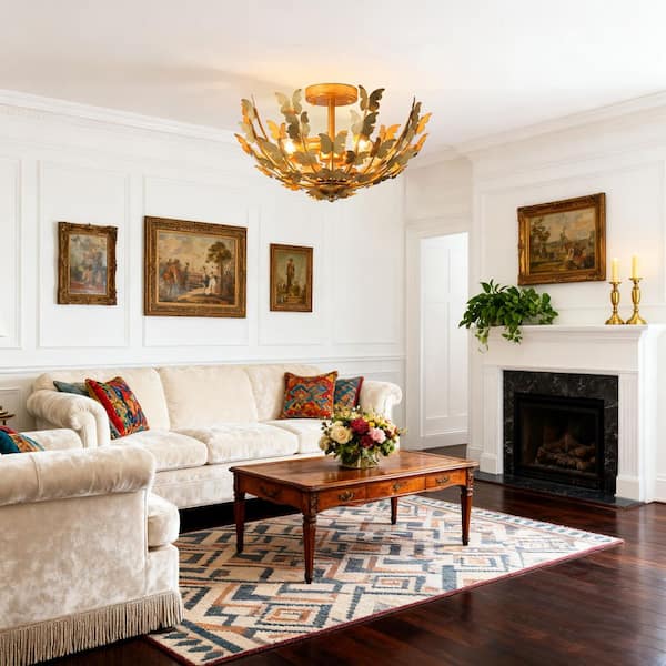 17.72 in. 4-Light Antique Gold Semi-Flush Mount Ceiling Light with Layers of Butterfly Shade and No Bulbs Included