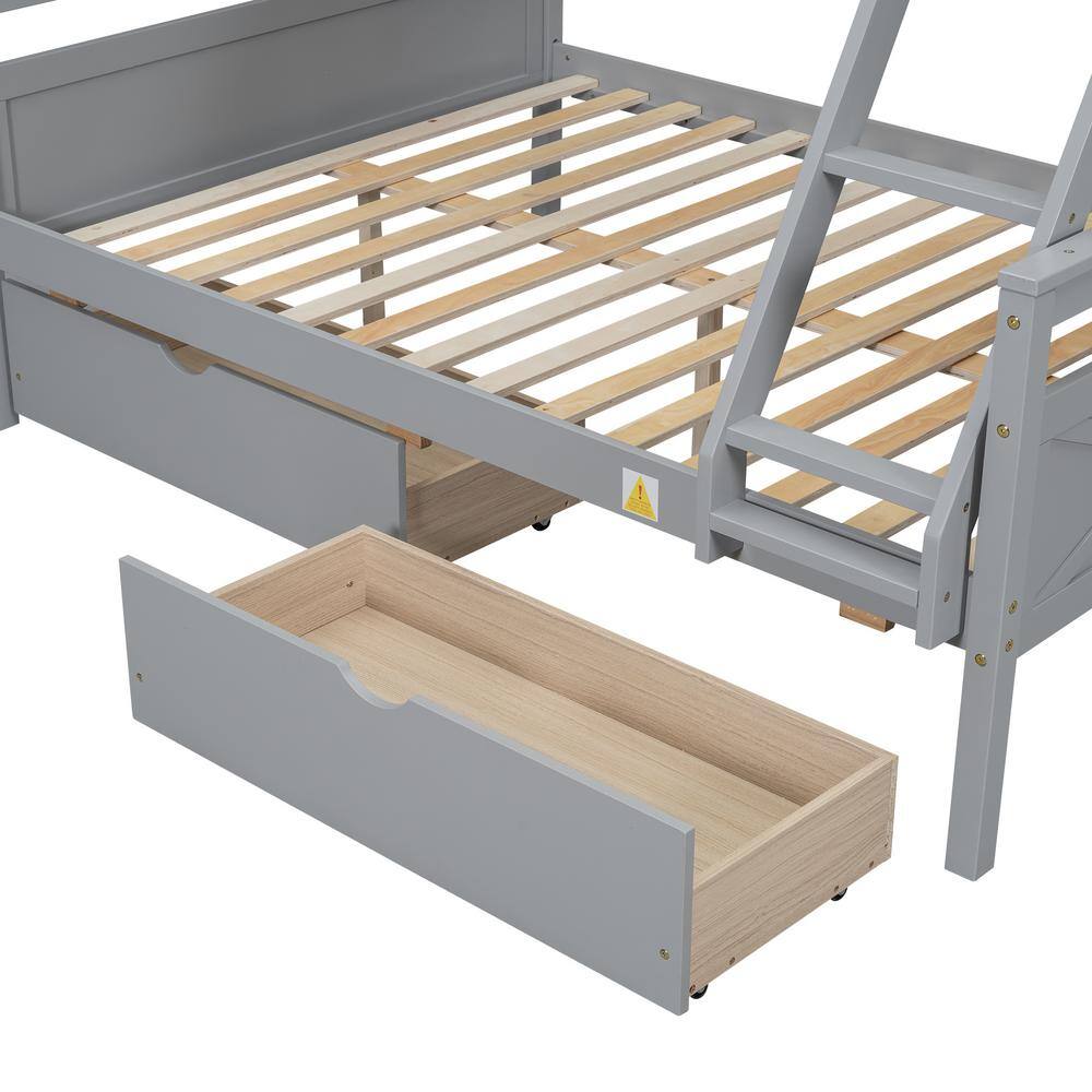 Gray Twin Over Full Pine Wood Bunk Bed with Storage Drawers