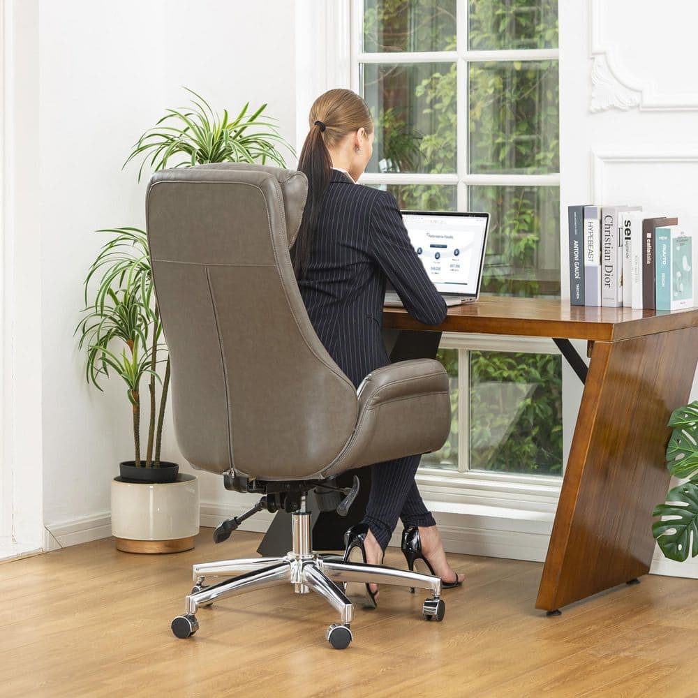 Gray Leather High Back Swivel Executive Office Chair