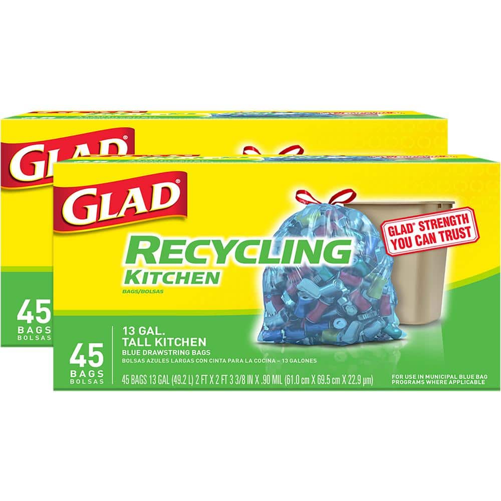 Glad 13 Gal. Tall Kitchen Drawstring Translucent Blue Trash or Recycling  Bags (45-Count) (2-Pack) C-207019347-2 - The Home Depot