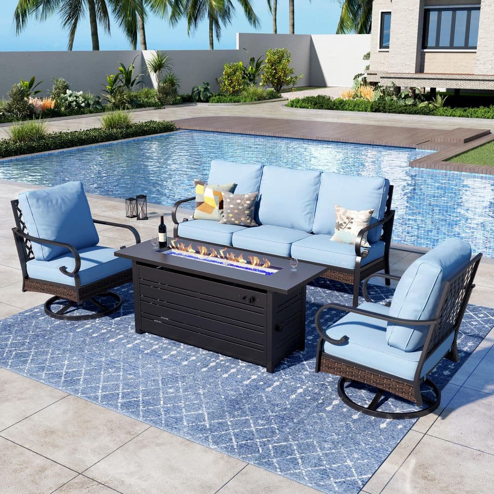4-Piece Black Metal Outdoor Patio Conversation Seating Set with Swivel Chair, 50000 BTU Fire Pit Table and Blue Cushions price history on PriceWatchPro