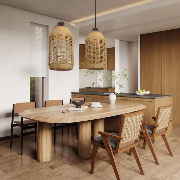 1 Light Natural Brown Hand-Woven Rattan Pendant Light with Cylinder Shape, No Bulbs Included 16 in.