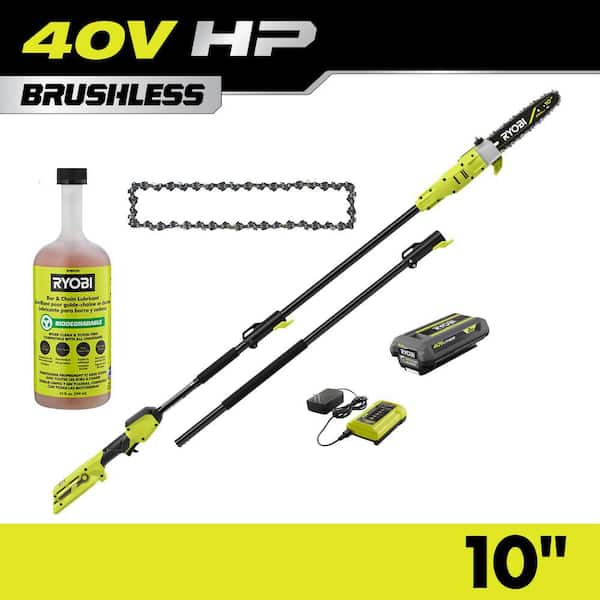 40V HP Brushless 10 in. Pole Saw with Extra Chain, Biodegradable Chain Oil, 2.0 Ah Battery and Charger