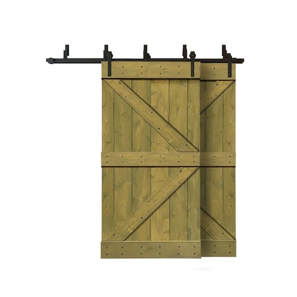 CALHOME 76 in. x 84 in. K Series Bypass Jungle Green Stained Solid Pine Wood Interior Double Sliding Barn Door with Hardware Kit