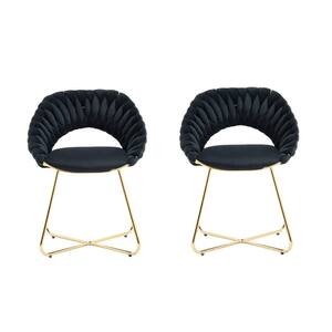 Black Upholstery Velvet Accent Chair Set of 2 with Round Armrest and Golden Legs for Living Room Kitchen Bedroom
