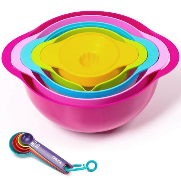 CHEER COLLECTION 10-Piece Assorted Colors Nested Bowl Set with Mixing Bowls, Juicer and Measuring Spoon