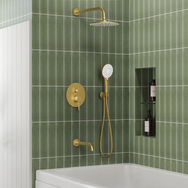 EVERSTEIN 1-Handle 3-Spray Wall Mount Round Tub and Shower Faucet with 10 in. Rain Shower Head in Brushed Gold (Valve Included)