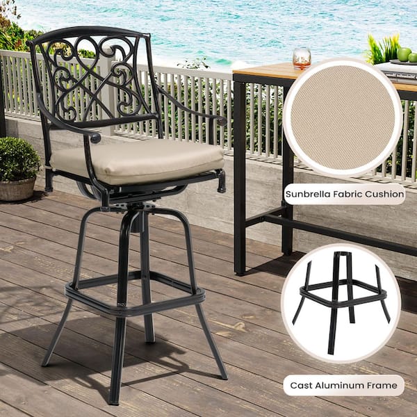 Bar Height Arm Chair Swivel Cast Aluminum Outdoor Bar Stool with Sunbrella Canvas Antique Beige Cushion (4-Pack)