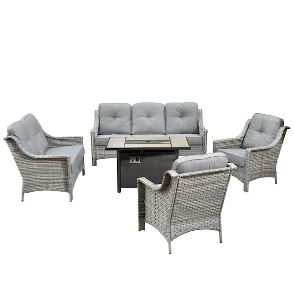 Eureka 5-Piece Modern Wicker Outdoor Patio Conversation Sofa Seating Set with Metal Fire Pit and Dark Gray Cushions