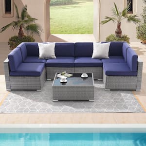 7-Piece Rattan Wicker Patio Conversation Sectional Seating Set with Navy Blue Cushions