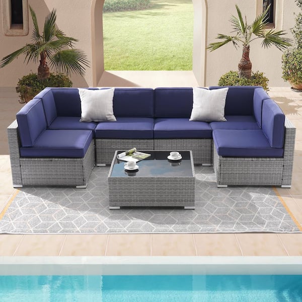Sonkuki 7-Piece Rattan Wicker Patio Conversation Sectional Seating Set with Navy Blue Cushions