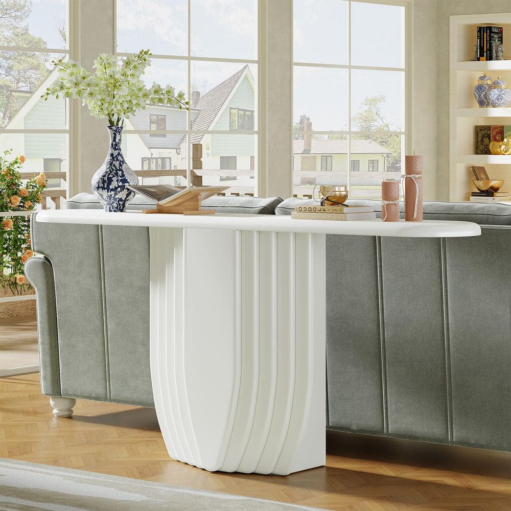 White Console Ribbed Base BYBLIGHT Turrella 63 in. White Console Tables, Rectangle Wood Console ...