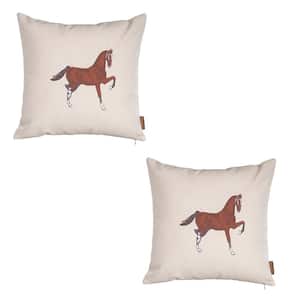 Boho Embroidered Horse Set of 2-Throw Pillow 18 in. x 18 in. Solid Beige and Brown Square for Couch, Bedding
