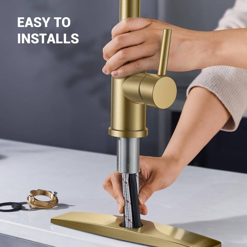 Brushed Gold Stainless Steel Pull Down Kitchen Faucet with Soap Dispenser