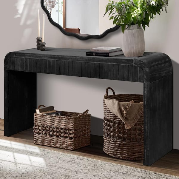 Noble House Caden 59 in. Antique Black Rectangle MDF Console Table with Hidden Handle Drawers
