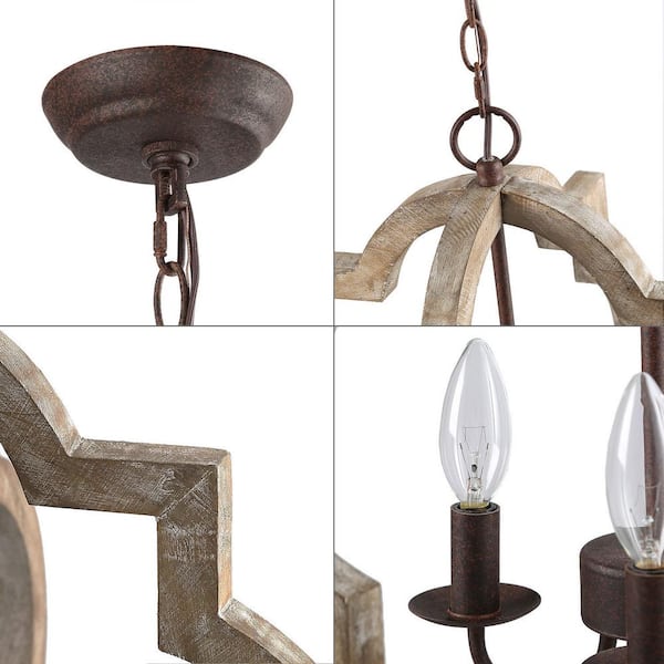 LNC Farmhouse Rustic Bronze Candlestick Chandelier with Globe Wood Cage Transitional Island Chandelier 3-Light Pendant Light