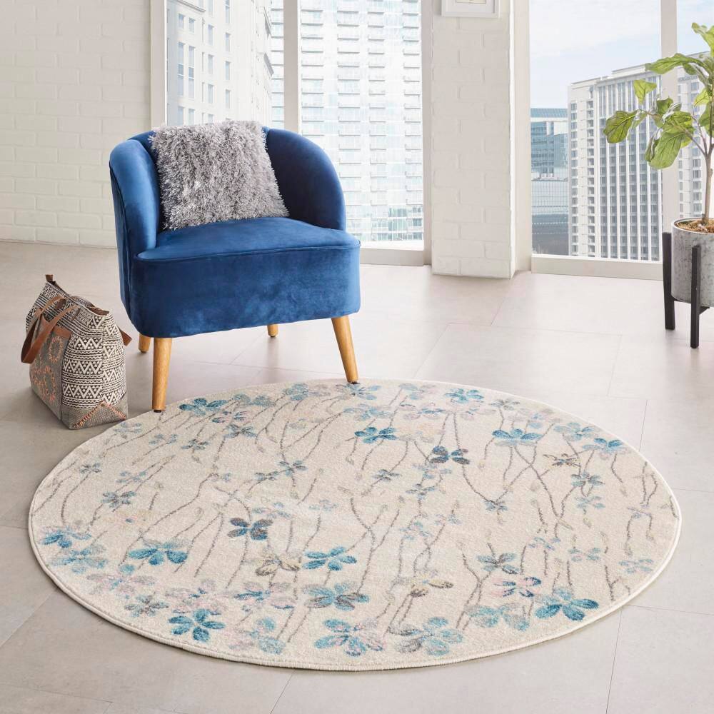 Ivory Floral Bliss Round Braided Area Rug, 63" Diameter