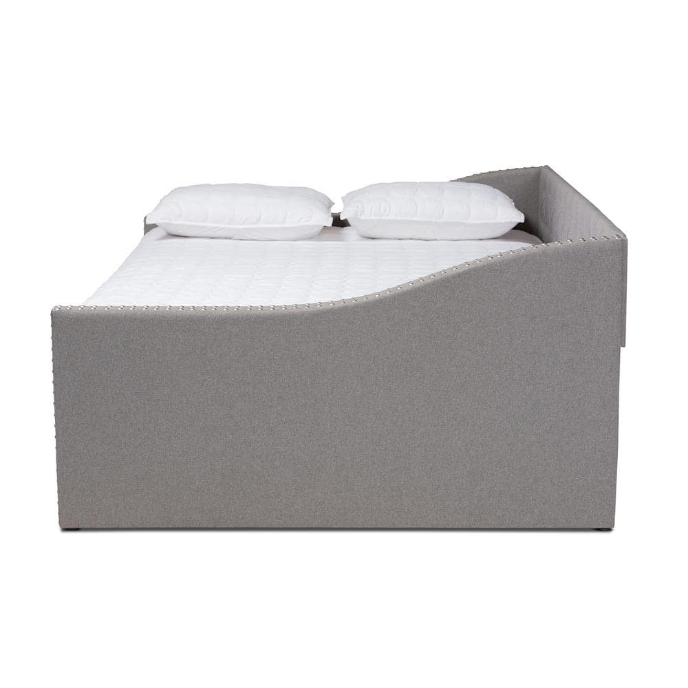Light Gray Upholstered Full Daybed with Trundle and Nailhead Trim
