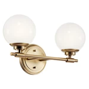 Benno 14.75 in. 2-Light Champagne Bronze Industrial Bathroom Vanity Light with Opal Glass