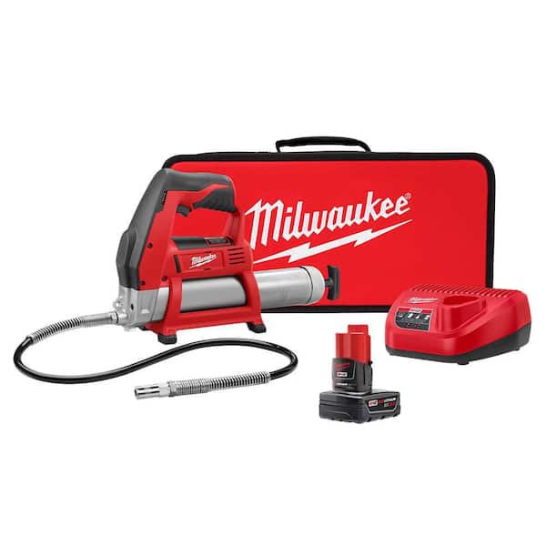 Milwaukee M12 12V Lithium-Ion Cordless Grease Gun Kit with One 3.0 Ah Battery, Charger and Tool Bag