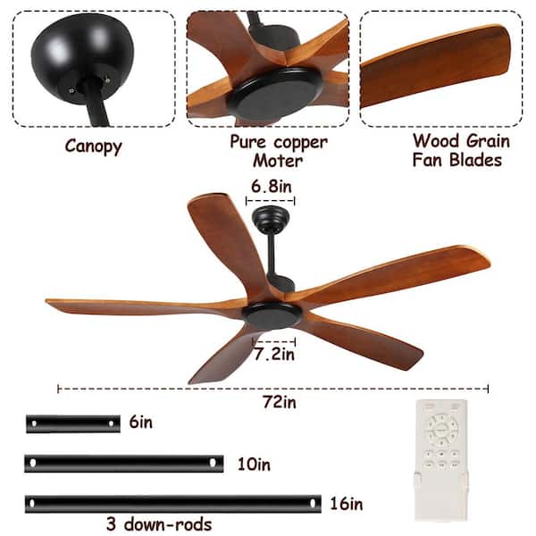 60 in. Indoor Black Ceiling Fan with Remote, Wood Blades Ceiling Fan without Light for Living Room Bedroom