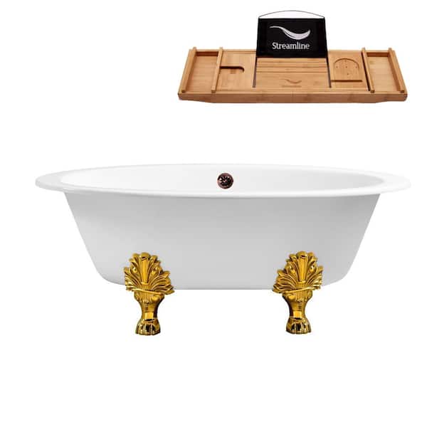 Streamline 65 in. Cast Iron Clawfoot Non-Whirlpool Bathtub in Glossy White, Matte Oil Rubbed Bronze Drain, Polished Gold Clawfeet