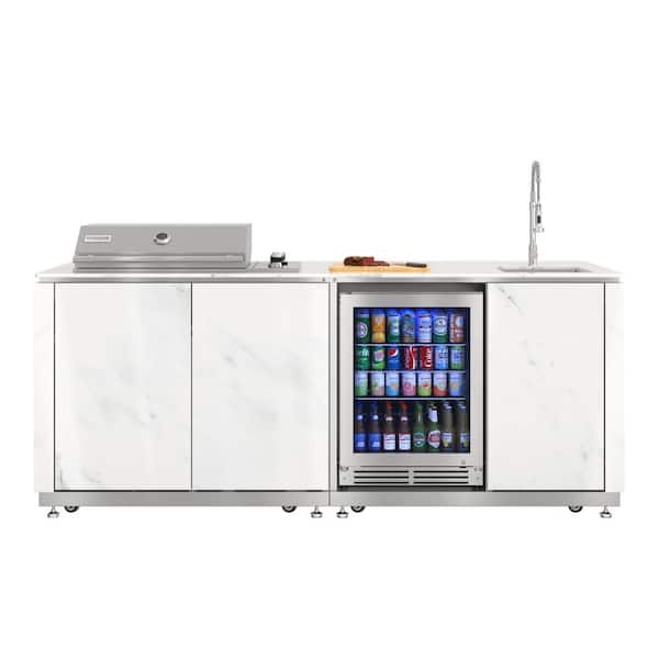 4-Burner Propane and NG Grill Island 90 in. Outdoor Kitchen, with Stone Counter, Sides and Cabinets, SS Sink in White