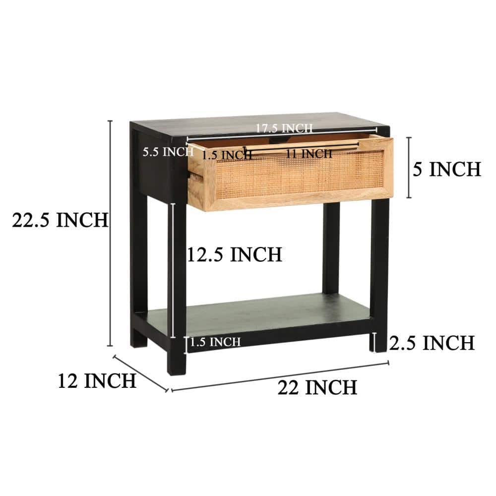 Tia 22 Inch Black Pine Wood Side Table with Rattan Drawer