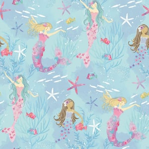 Tiny Tots 2-Collection Turquoise/Hot Pink Glitter Finish Kids Mermaid Design Non-Woven Paper Wallpaper Roll