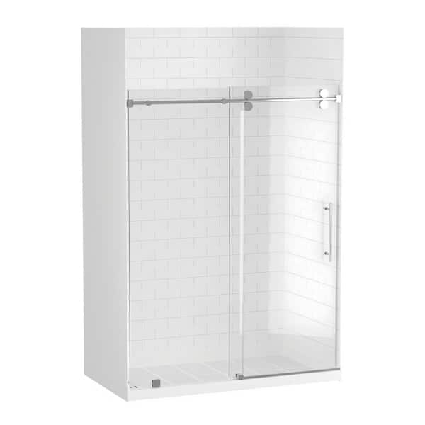 36 in. L x 60 in. W x 96 in. H Alcove Shower Stall/Kit Sliding Door in Chrome with Left Drain and Brick Wall
