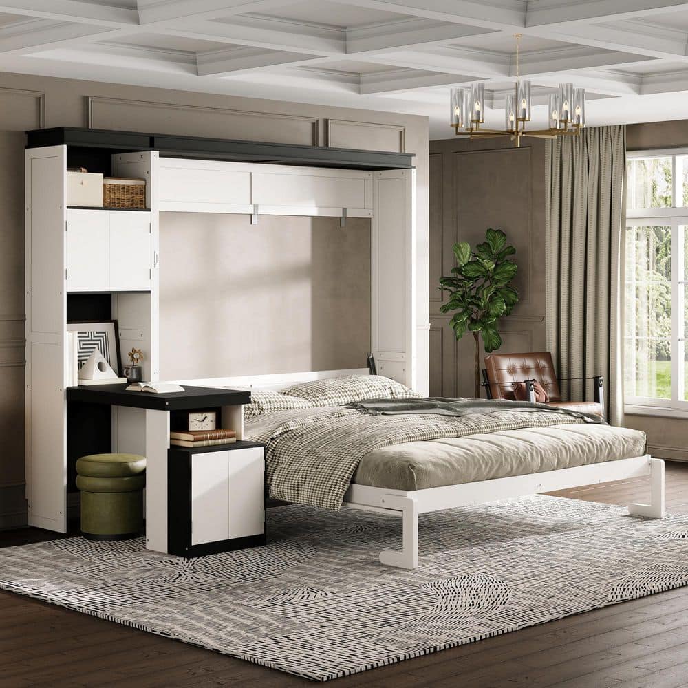 White Wood Frame Queen Murphy Bed with Desk and Storage Shelves and Cabinets
