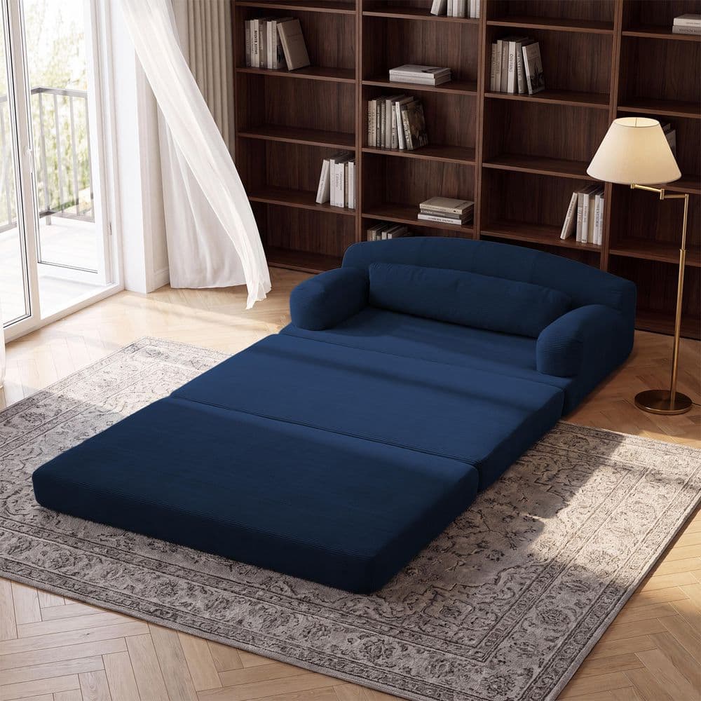 Modern 57.1 in. Blue Corduroy Upholstered Compressed Foldable Full Size Loveseat Sleeper Sofa Bed