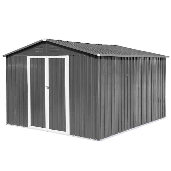 Unbranded 10 ft. W x 8 ft. D Gray Metal Storage Shed with Doors for Garden, Backyard, Pool Tool (180 sq. ft.)