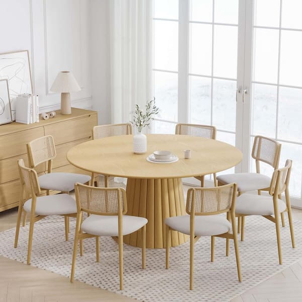 Dovelina 60 in. Natural Oak Wood Color Column Pedestal Round Kitchen Table Dining Table Seats 6