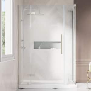 Tampa 48 in. L x 32 in. W x 75 in. H Corner Shower Kit w/ Pivot Frameless Shower Door in Satin Nickel and Shower Pan