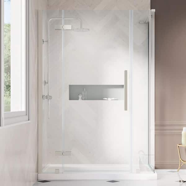 OVE Decors Tampa 48 in. L x 34 in. W x 75 in. H Corner Shower Kit w/ Pivot Frameless Shower Door in Satin Nickel and Shower Pan