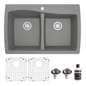 QT-720 Quartz/Granite 34 in. Double Bowl 50/50 Top Mount Drop-In Kitchen Sink in Grey with Bottom Grid and Strainer