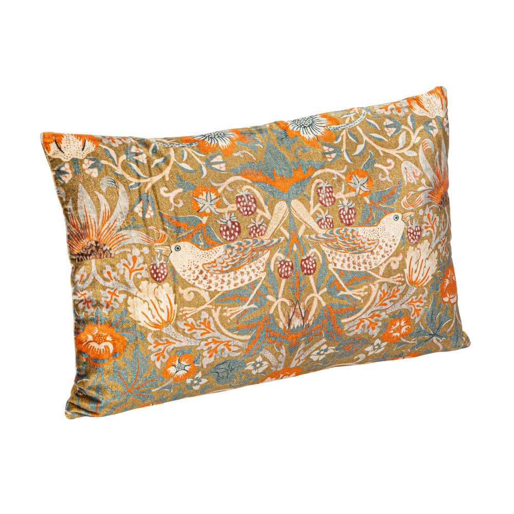 Multicolor Cotton Velvet Birds and Flowers Lumbar Pillow