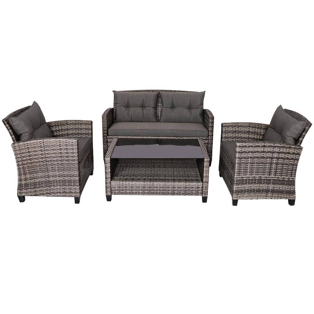 ANGELES HOME 4-Piece Rattan Patio Conversation Set with Cushions and ...