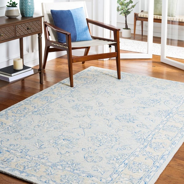 Micro-Loop Blue/Beige 5 ft. x 5 ft. Border Medallion Square Area Rug
