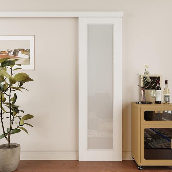 18 in. x 80 in. Hidden Track Style 1 Lite Frosted Glass White Primed MDF Sliding Barn Door with Hardware Kit