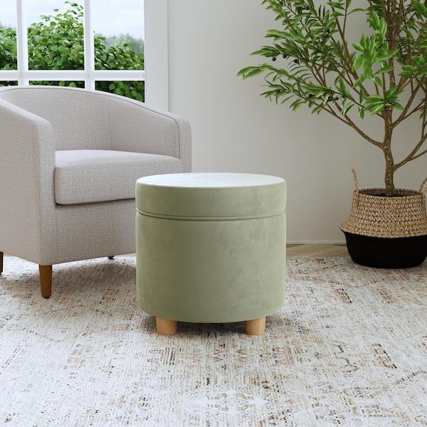 Homepop Light Sage Green Velvet Round Storage Ottoman
