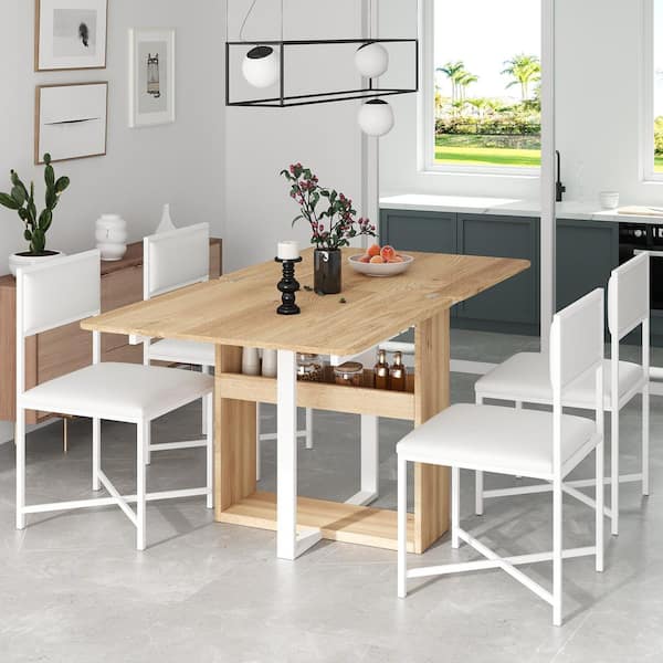 Polibi Modern 5-Piece Extendable Square Wood Top Dining Table Set with Storage Rack and 4-Dining Chairs, White/Natural